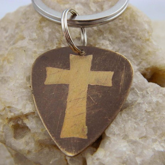 Rustic Etched Cross Guitar Pick Keychain